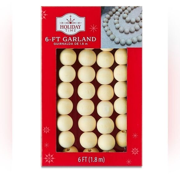 Lot of two Natural Brown Wooden Bead Christmas Garland, 12 ft, by Holiday Time - Picture 2 of 5